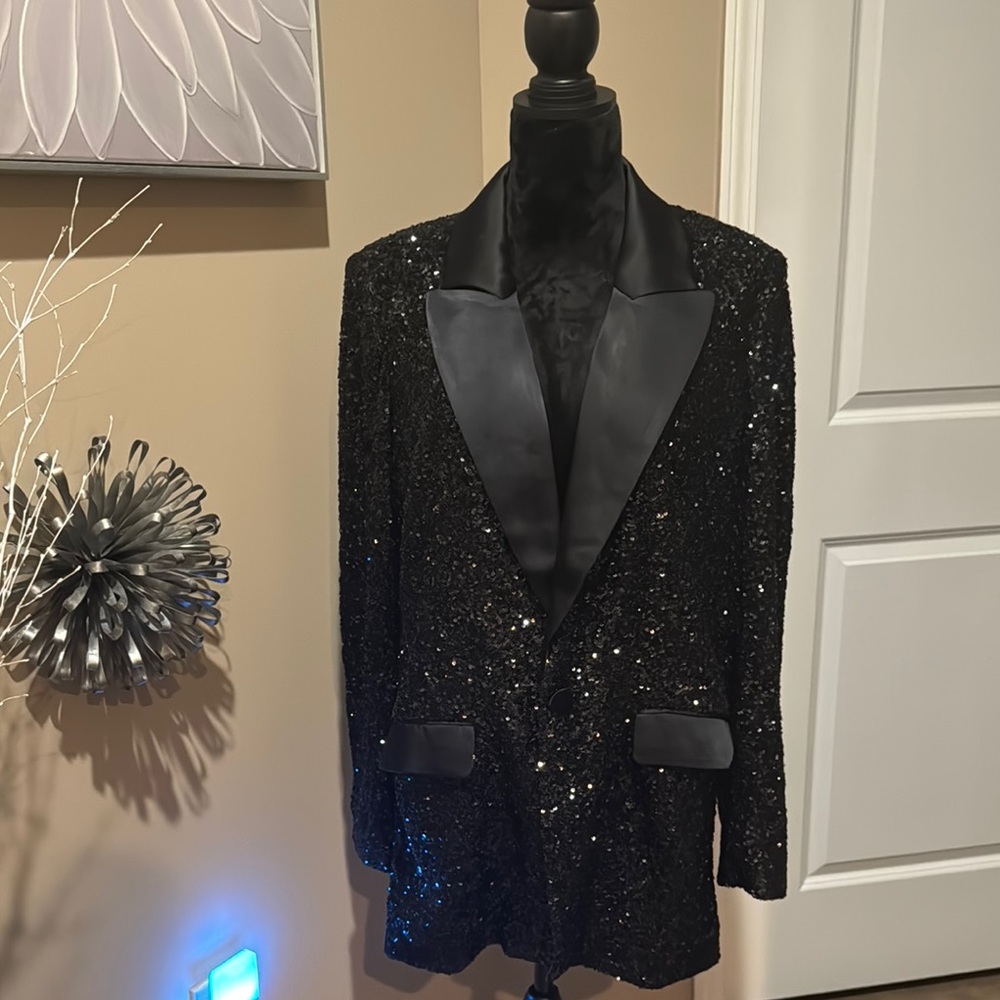 Black Sequin Blazer with Satin Lapels